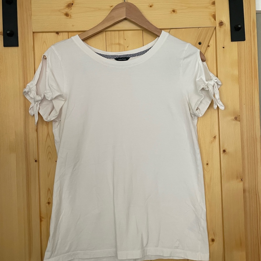 Nautica White Short Sleeve Tee with Tie-Sleeve Detail